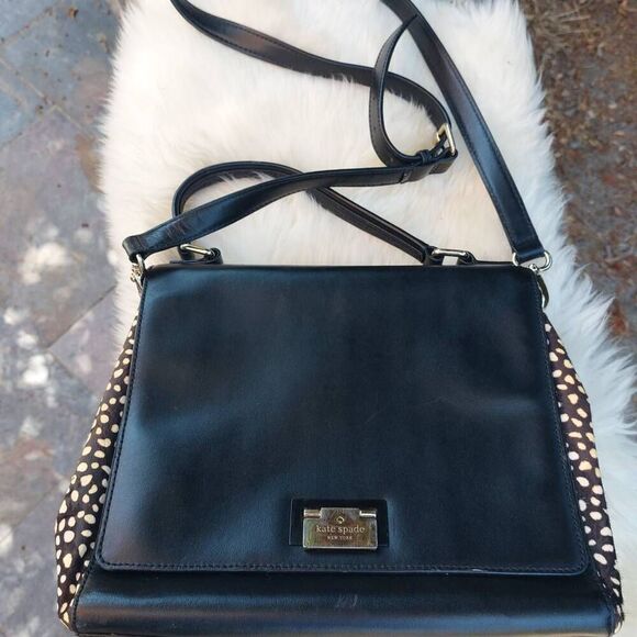 Kate Spade Black Leather Haircalf Spotted Satchel RARE - Picture 10 of 12